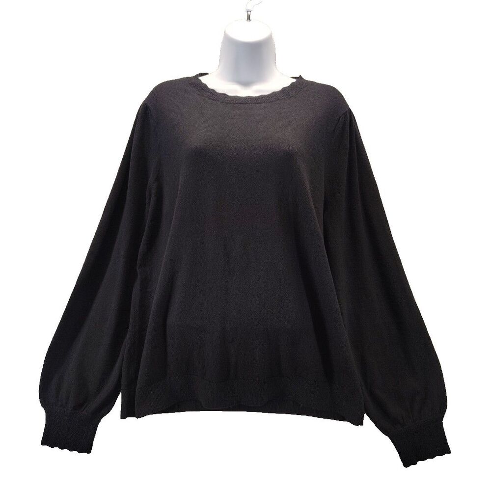 Talbots Womens Sz L Black Sweater Scalloped Neck Long Sleeve Cotton Wool Blend